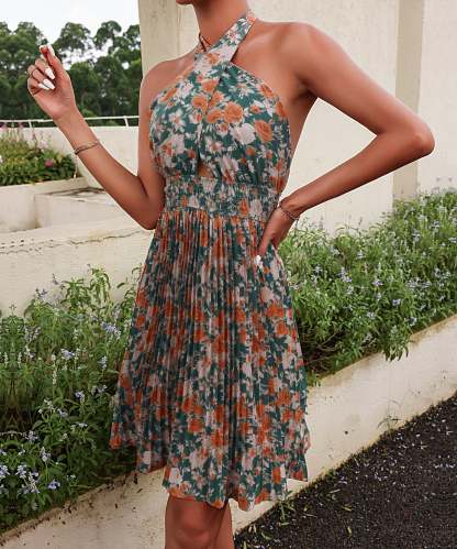 Allover Floral Print Shirred Halter Mini Dress