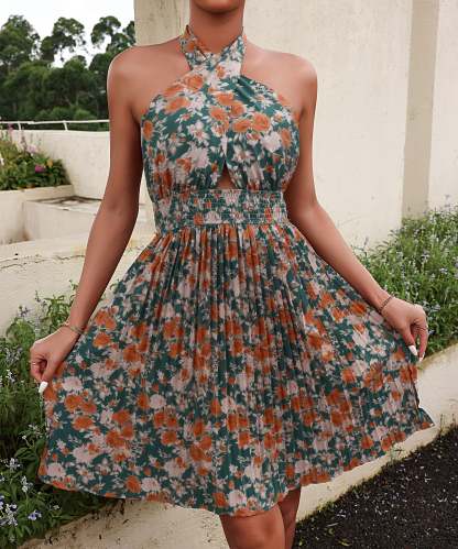 Allover Floral Print Shirred Halter Mini Dress