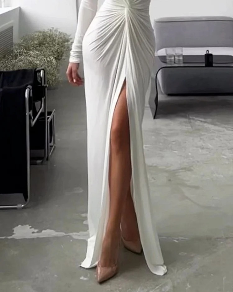 Fashion Sexy Solid Color V-Neck Slit Dress