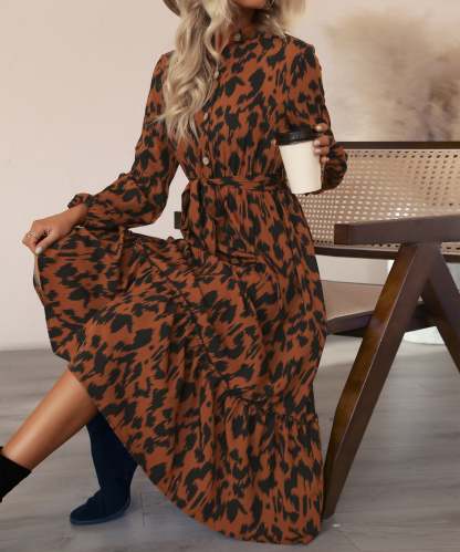 Brown AndBlack Abstract Belted Button-Front Midi Dress