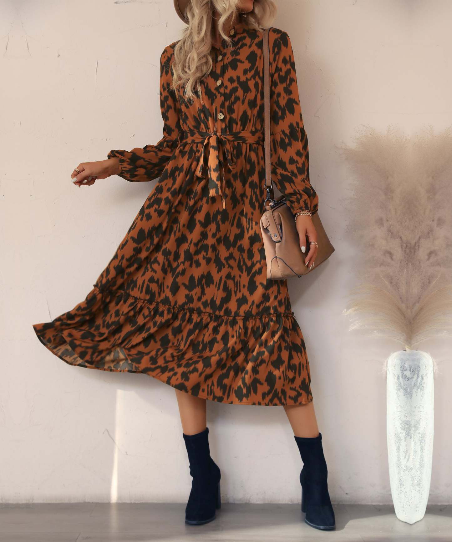 Brown AndBlack Abstract Belted Button-Front Midi Dress