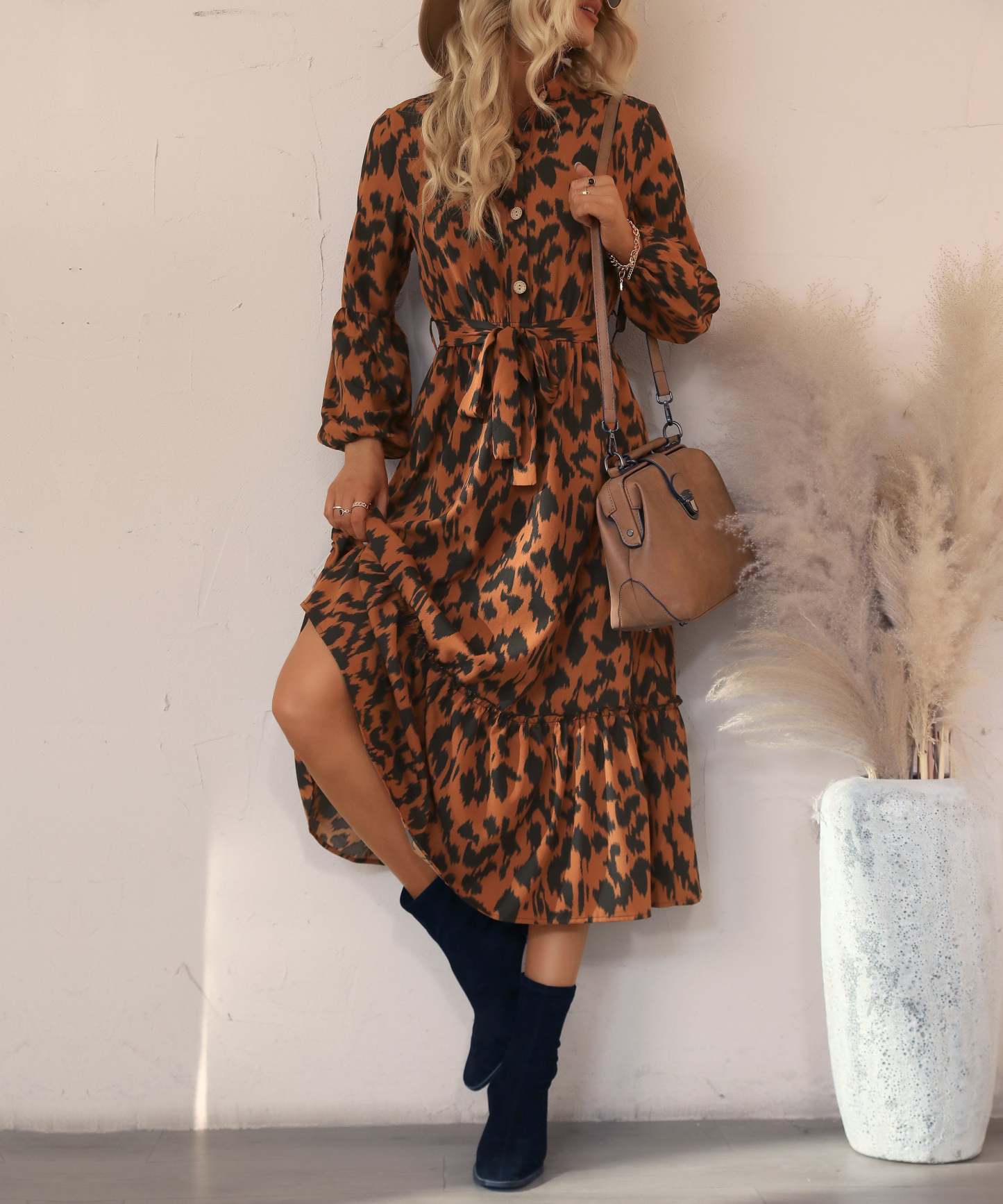 Brown AndBlack Abstract Belted Button-Front Midi Dress