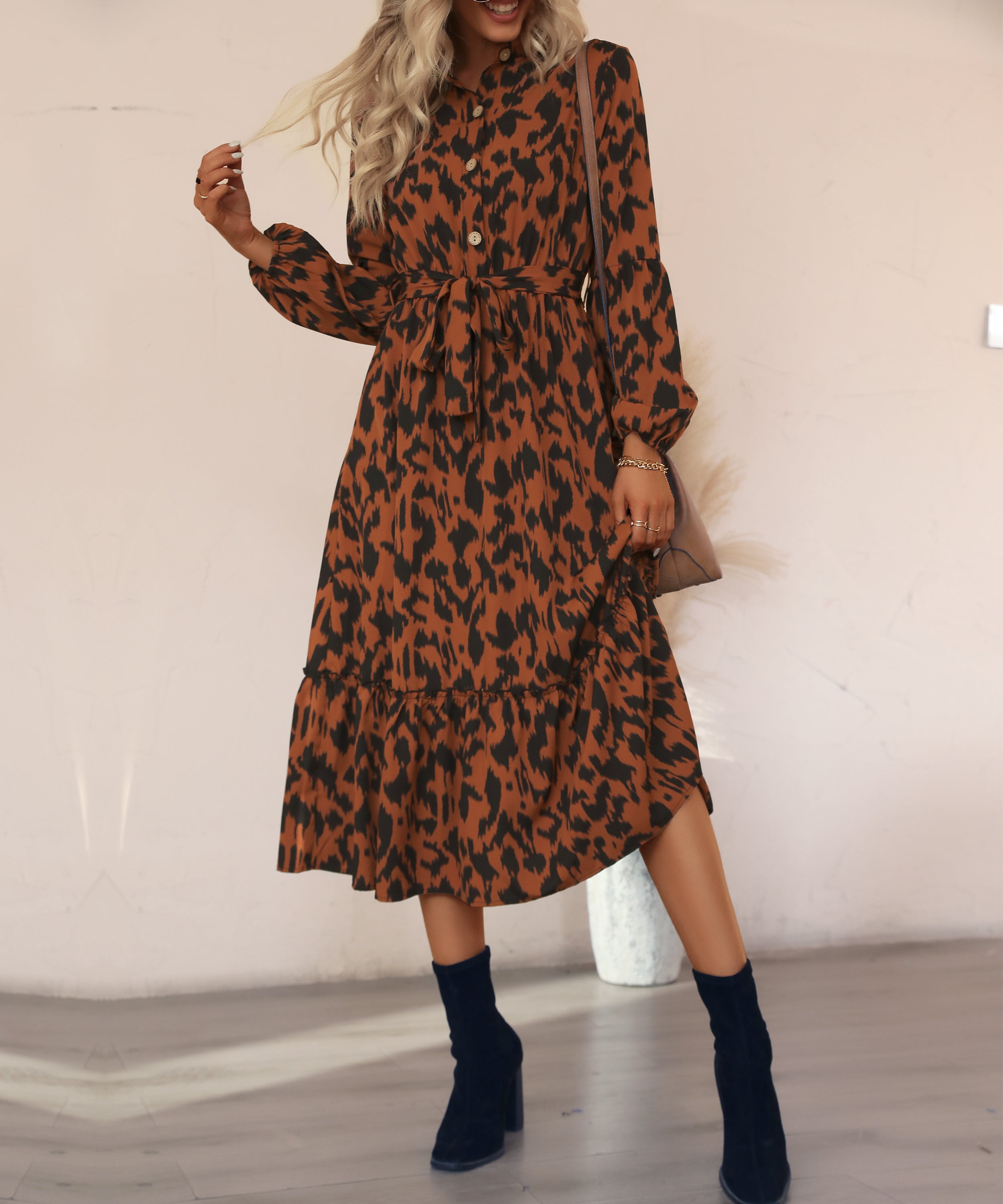 Brown AndBlack Abstract Belted Button-Front Midi Dress