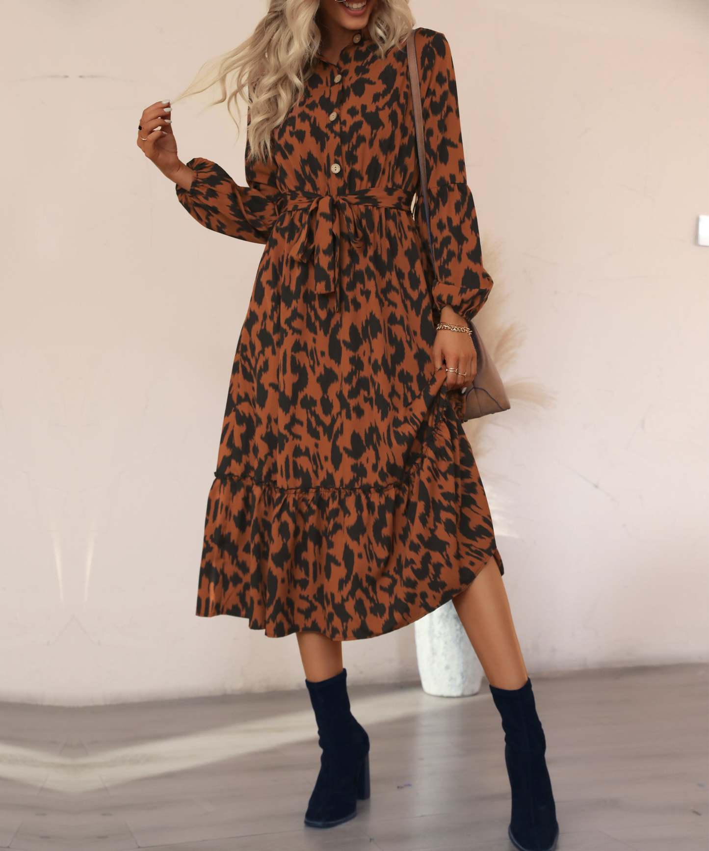 Brown AndBlack Abstract Belted Button-Front Midi Dress