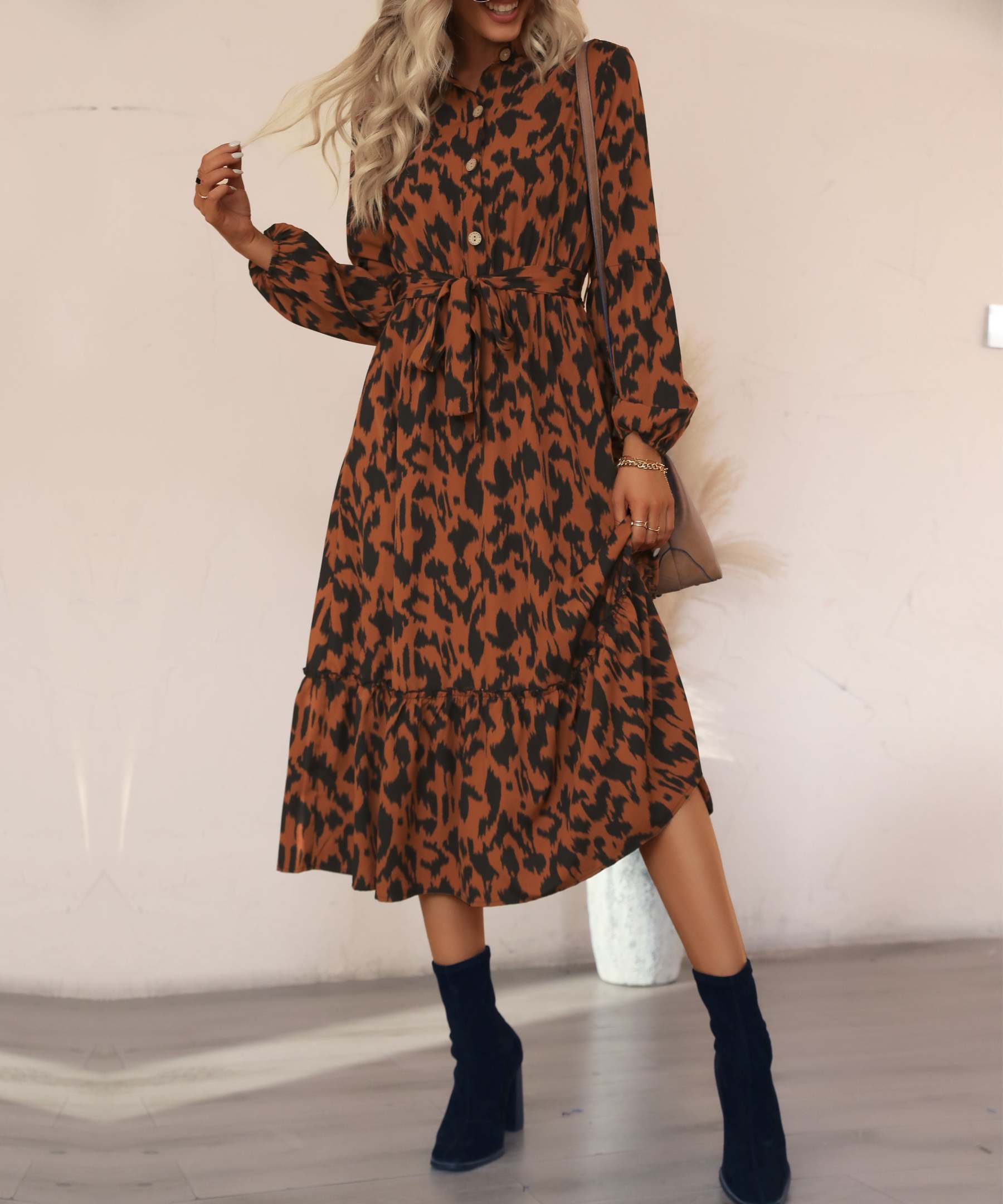 Brown AndBlack Abstract Belted Button-Front Midi Dress