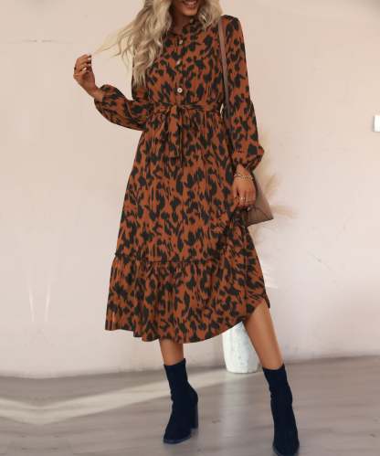 Brown AndBlack Abstract Belted Button-Front Midi Dress