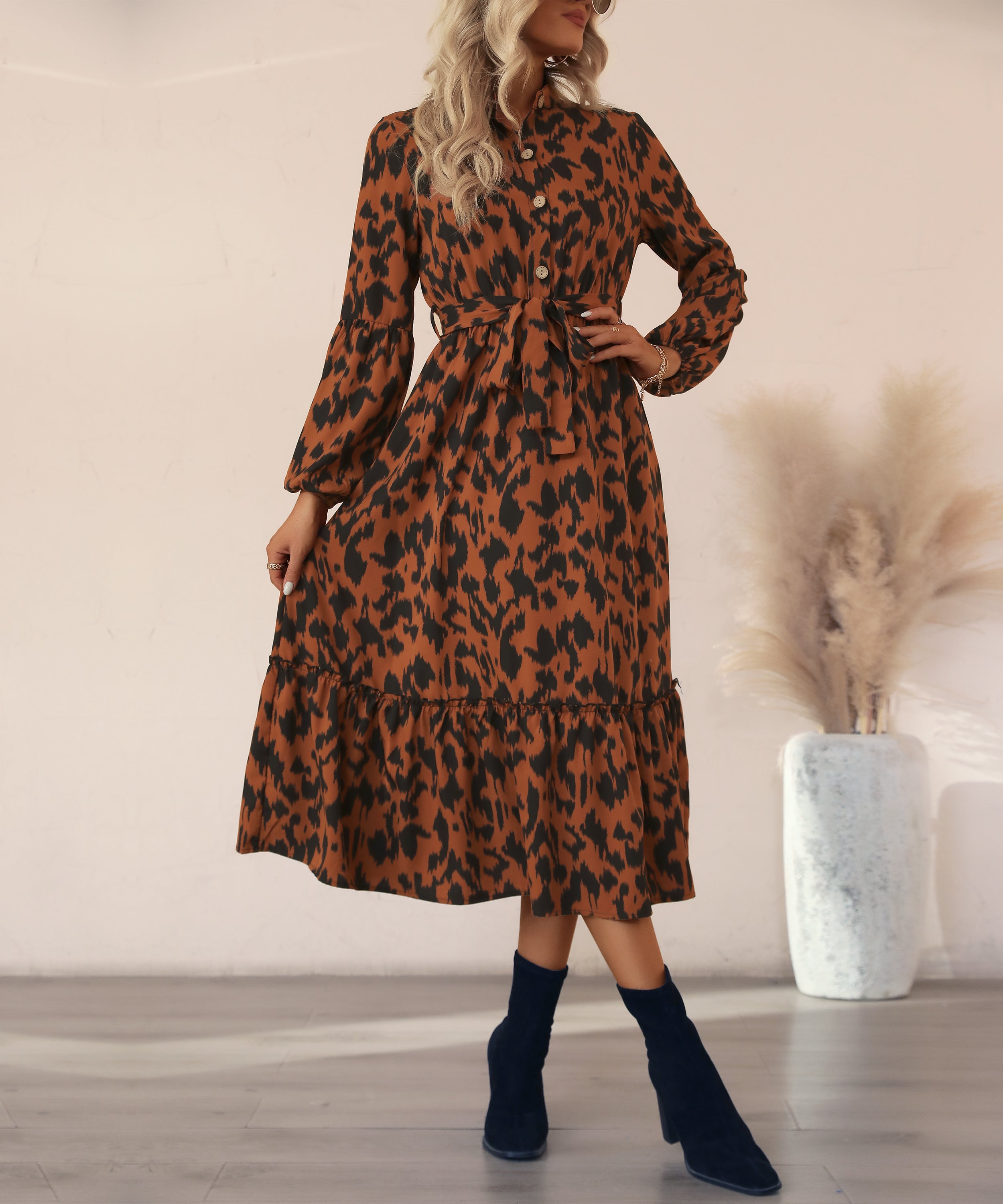 Brown AndBlack Abstract Belted Button-Front Midi Dress