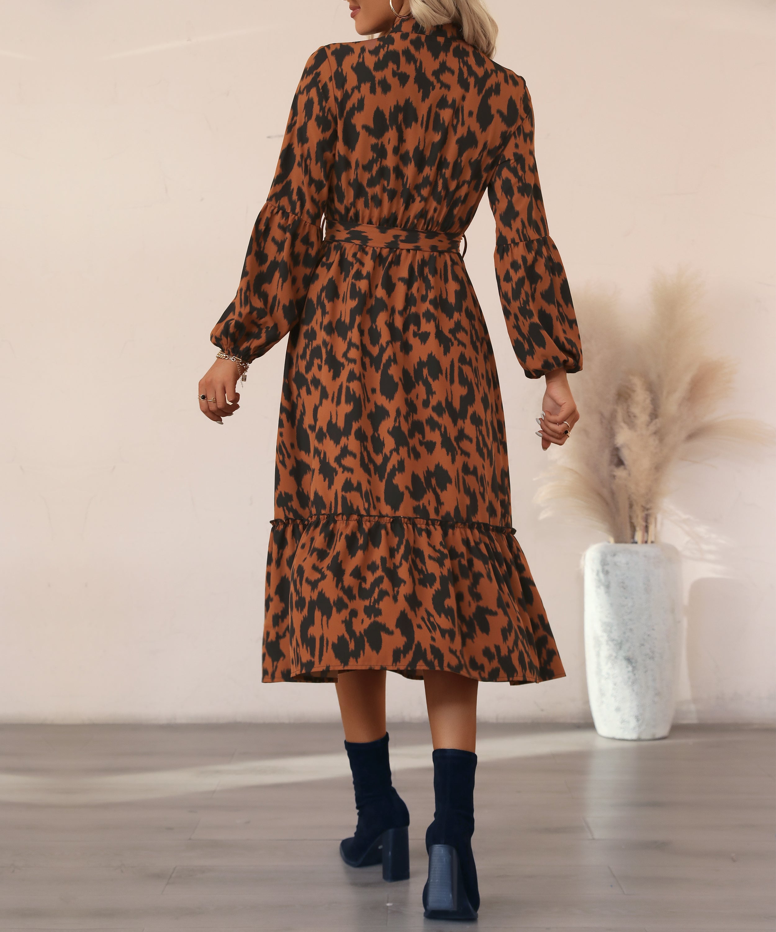 Brown AndBlack Abstract Belted Button-Front Midi Dress