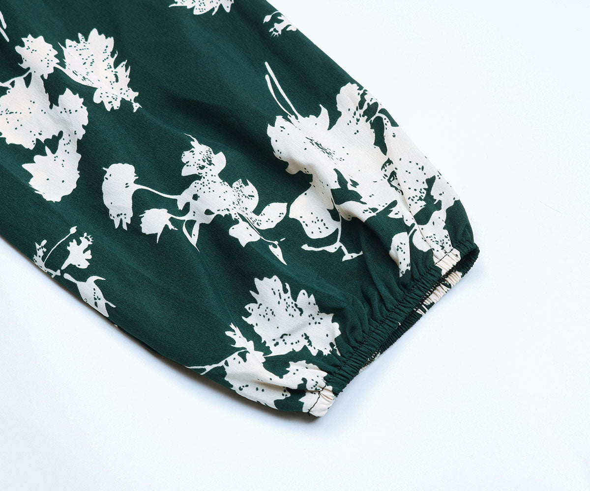 Floral Print Guipure Lace Insert Lantern Sleeve Midi Dress