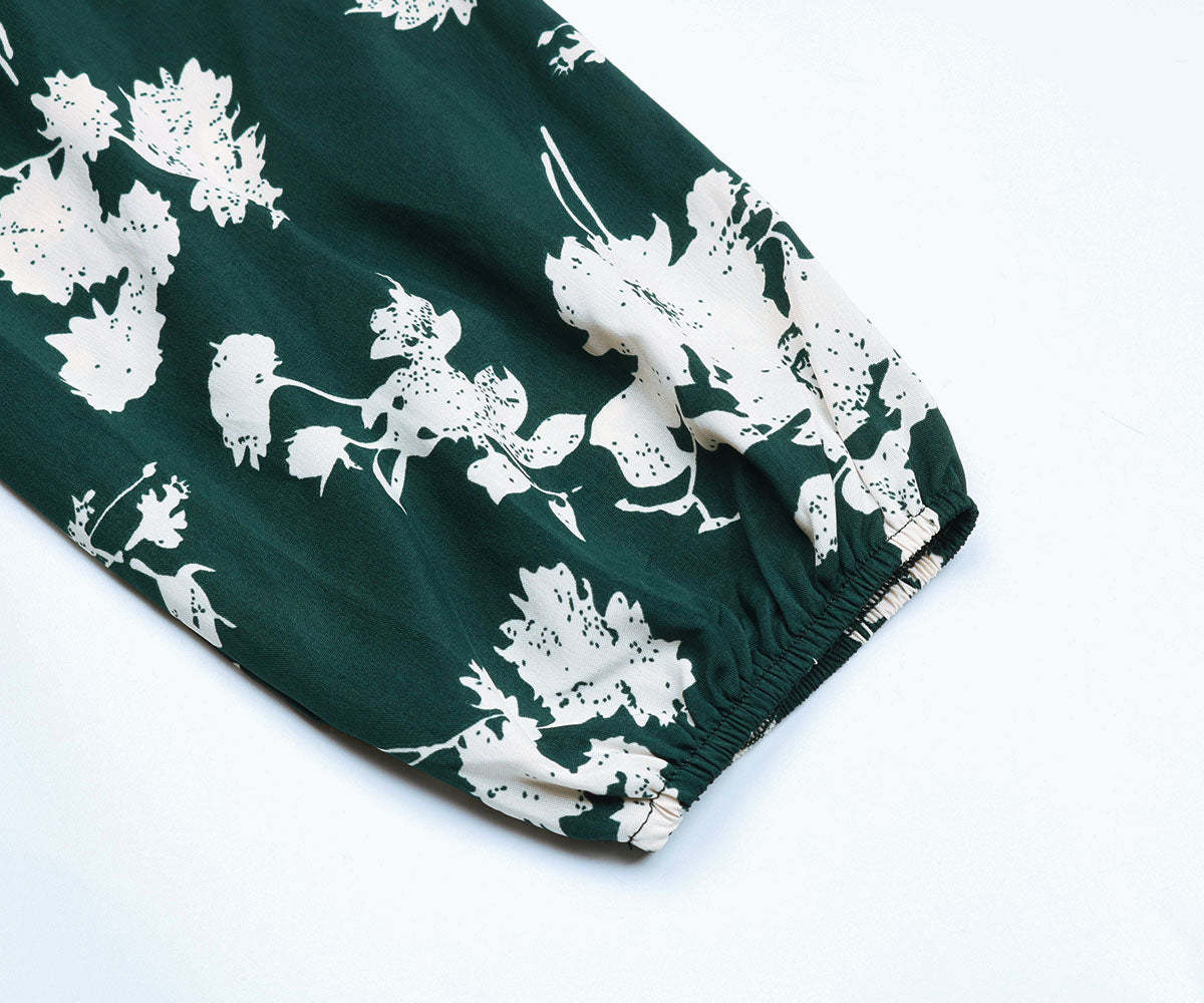 Floral Print Guipure Lace Insert Lantern Sleeve Midi Dress