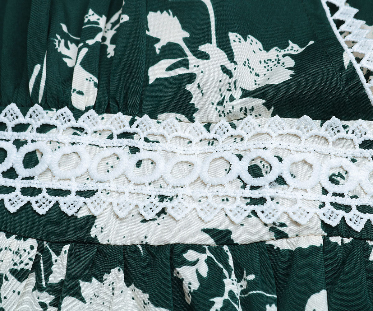 Floral Print Guipure Lace Insert Lantern Sleeve Midi Dress