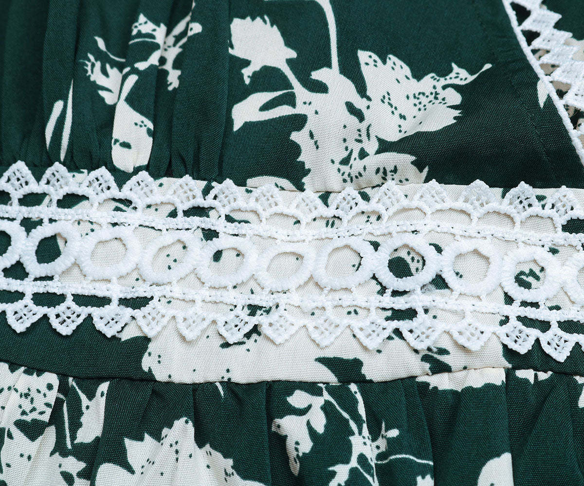 Floral Print Guipure Lace Insert Lantern Sleeve Midi Dress