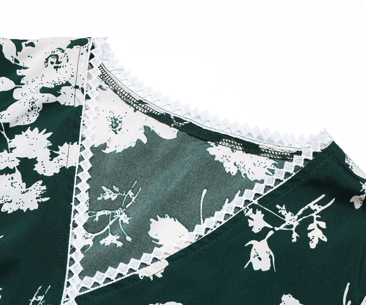 Floral Print Guipure Lace Insert Lantern Sleeve Midi Dress