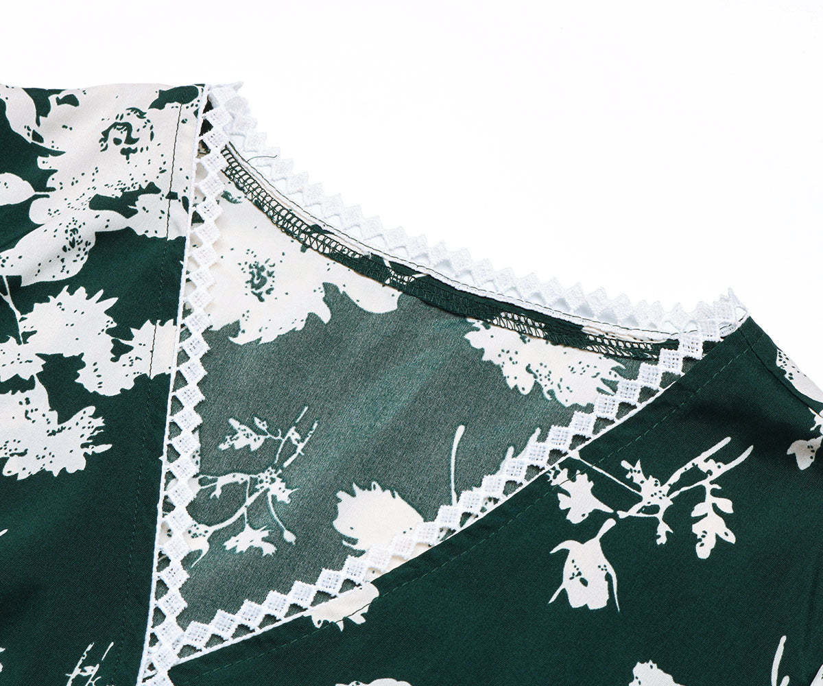 Floral Print Guipure Lace Insert Lantern Sleeve Midi Dress