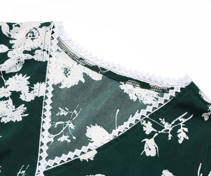 Floral Print Guipure Lace Insert Lantern Sleeve Midi Dress