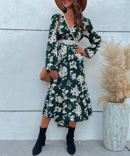 Floral Print Guipure Lace Insert Lantern Sleeve Midi Dress