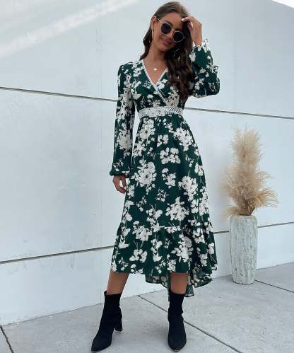 Floral Print Guipure Lace Insert Lantern Sleeve Midi Dress