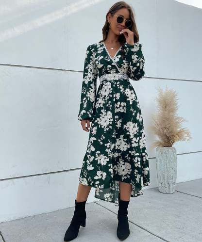 Floral Print Guipure Lace Insert Lantern Sleeve Midi Dress