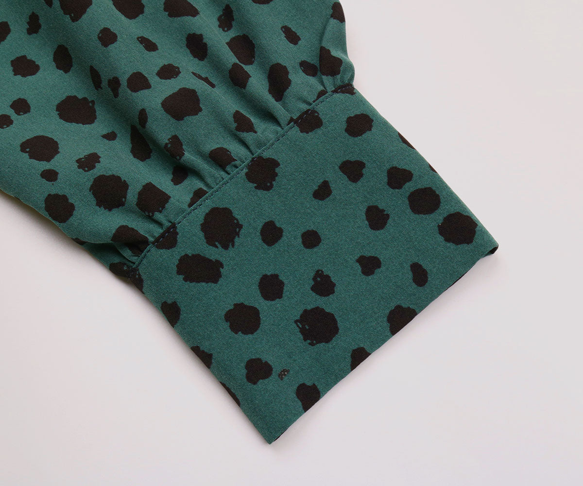 Dalmatian Print Lantern Sleeve Twist Front A-line Midi Dress