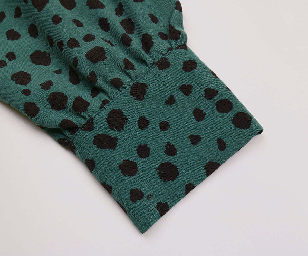 Dalmatian Print Lantern Sleeve Twist Front A-line Midi Dress