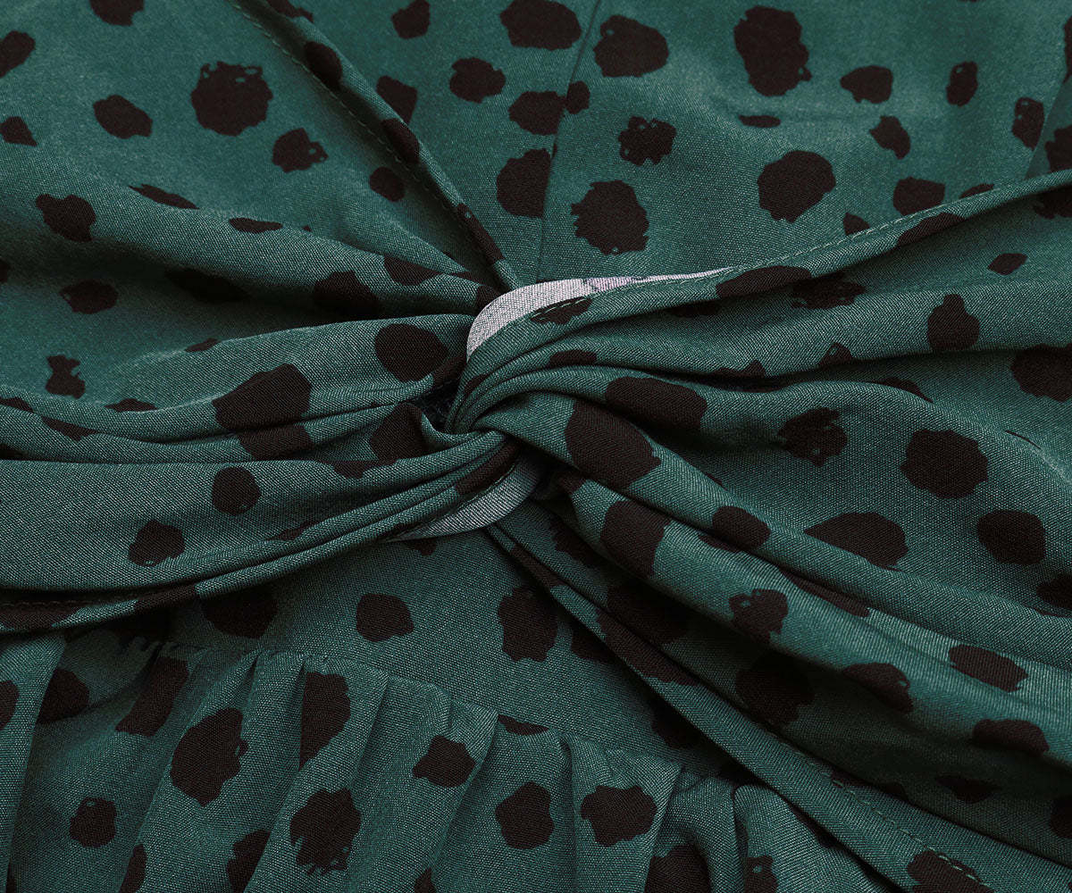 Dalmatian Print Lantern Sleeve Twist Front A-line Midi Dress