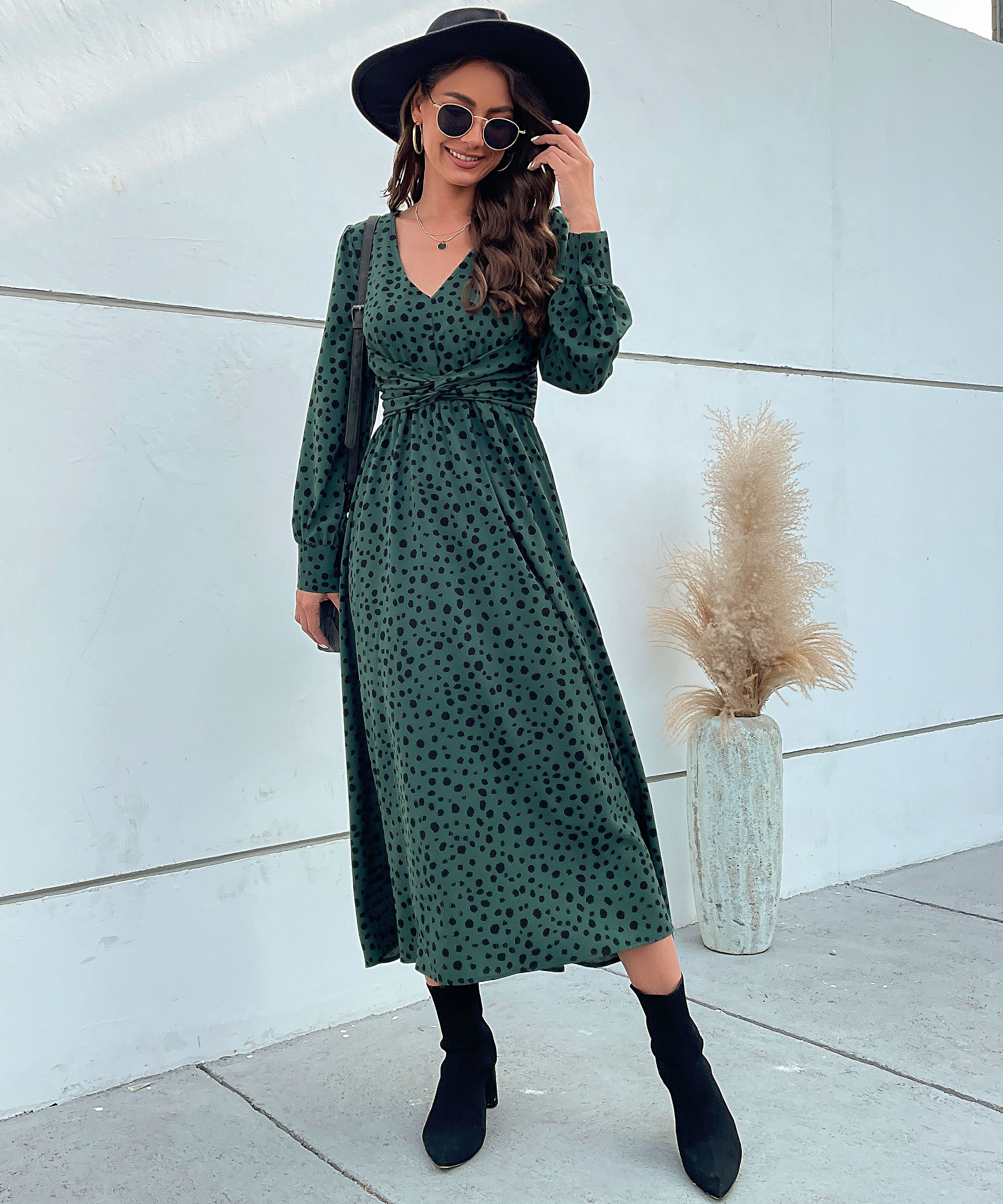 Dalmatian Print Lantern Sleeve Twist Front A-line Midi Dress