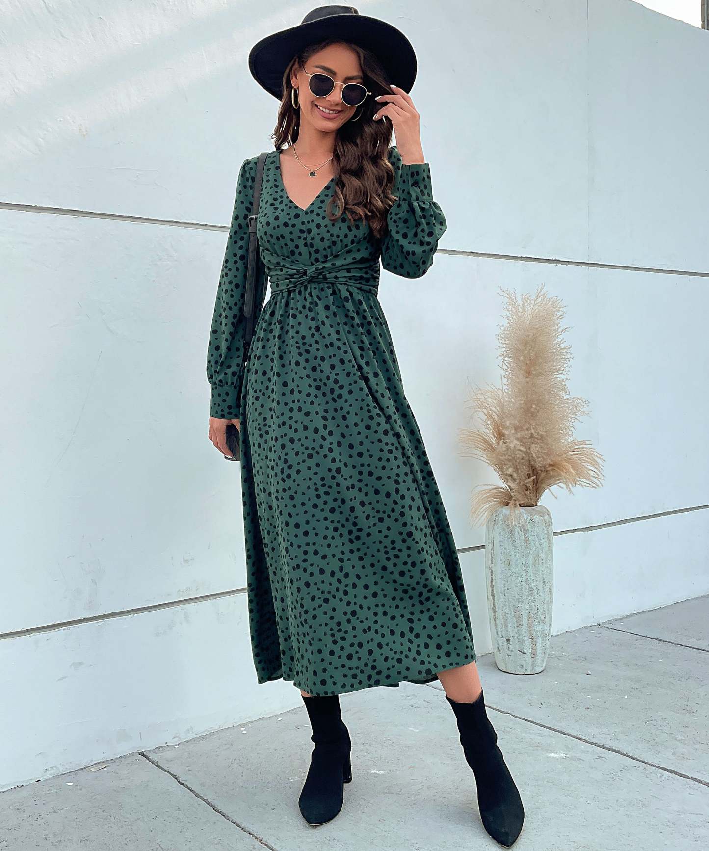 Dalmatian Print Lantern Sleeve Twist Front A-line Midi Dress