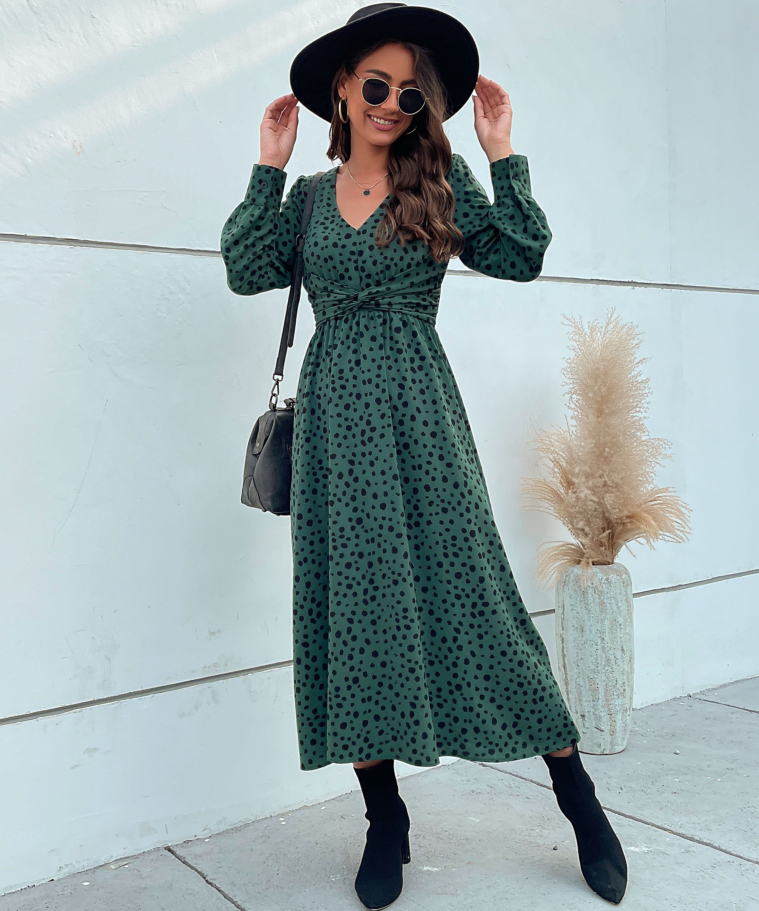 Dalmatian Print Lantern Sleeve Twist Front A-line Midi Dress