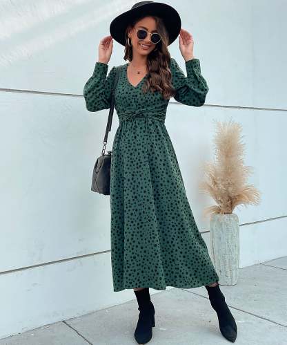 Dalmatian Print Lantern Sleeve Twist Front A-line Midi Dress