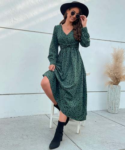 Dalmatian Print Lantern Sleeve Twist Front A-line Midi Dress