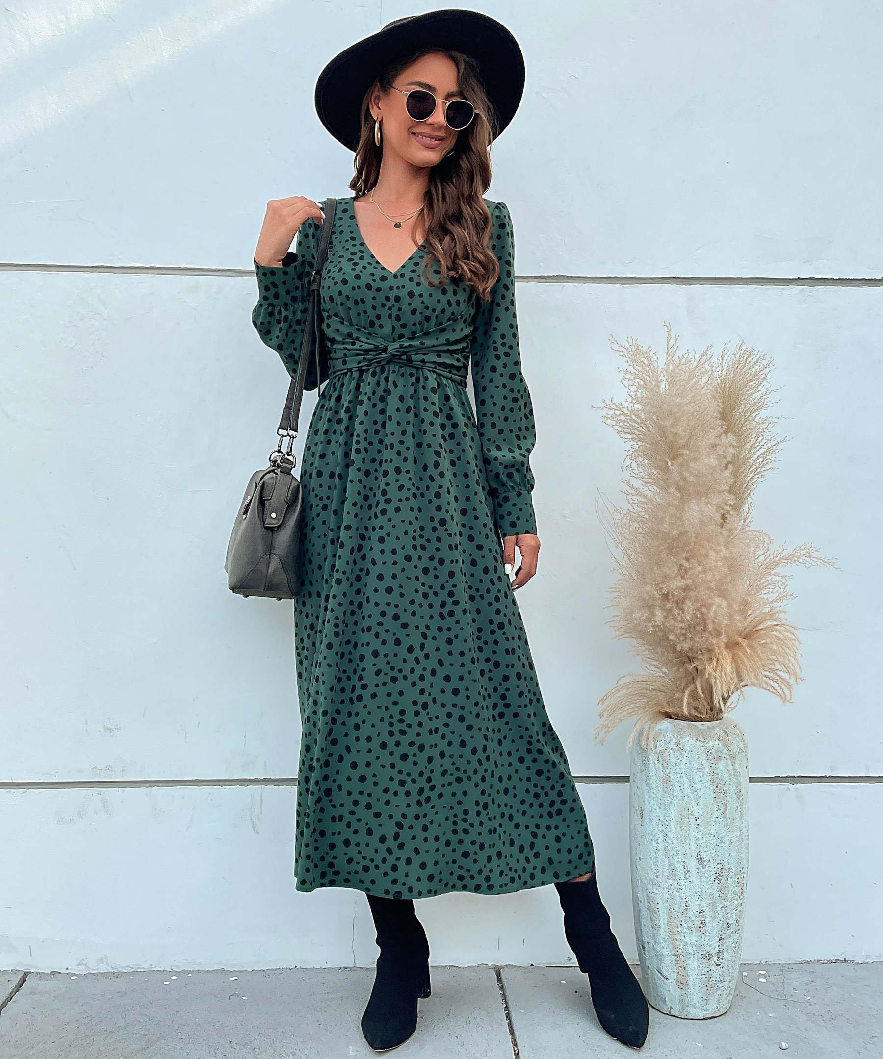 Dalmatian Print Lantern Sleeve Twist Front A-line Midi Dress