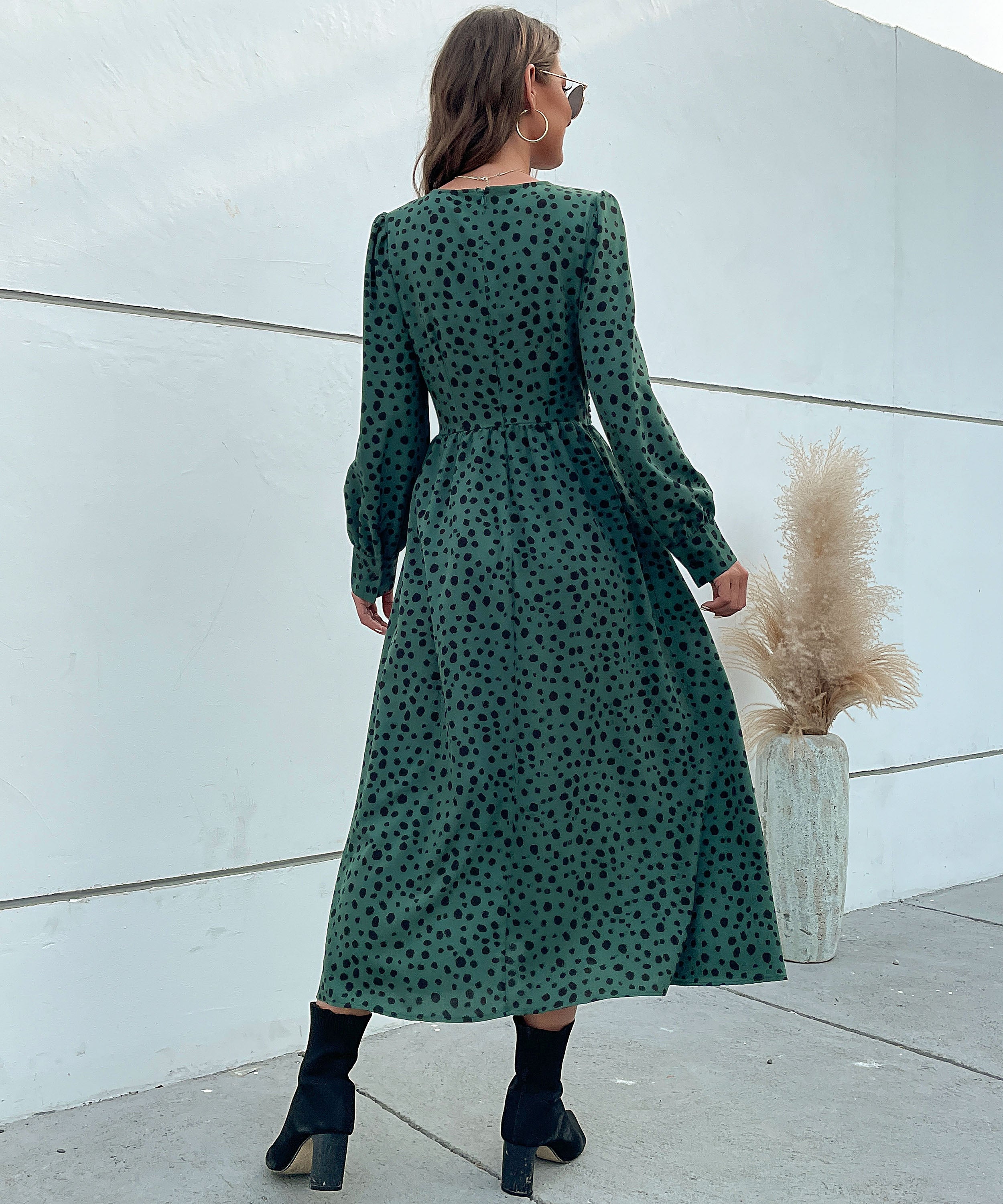 Dalmatian Print Lantern Sleeve Twist Front A-line Midi Dress