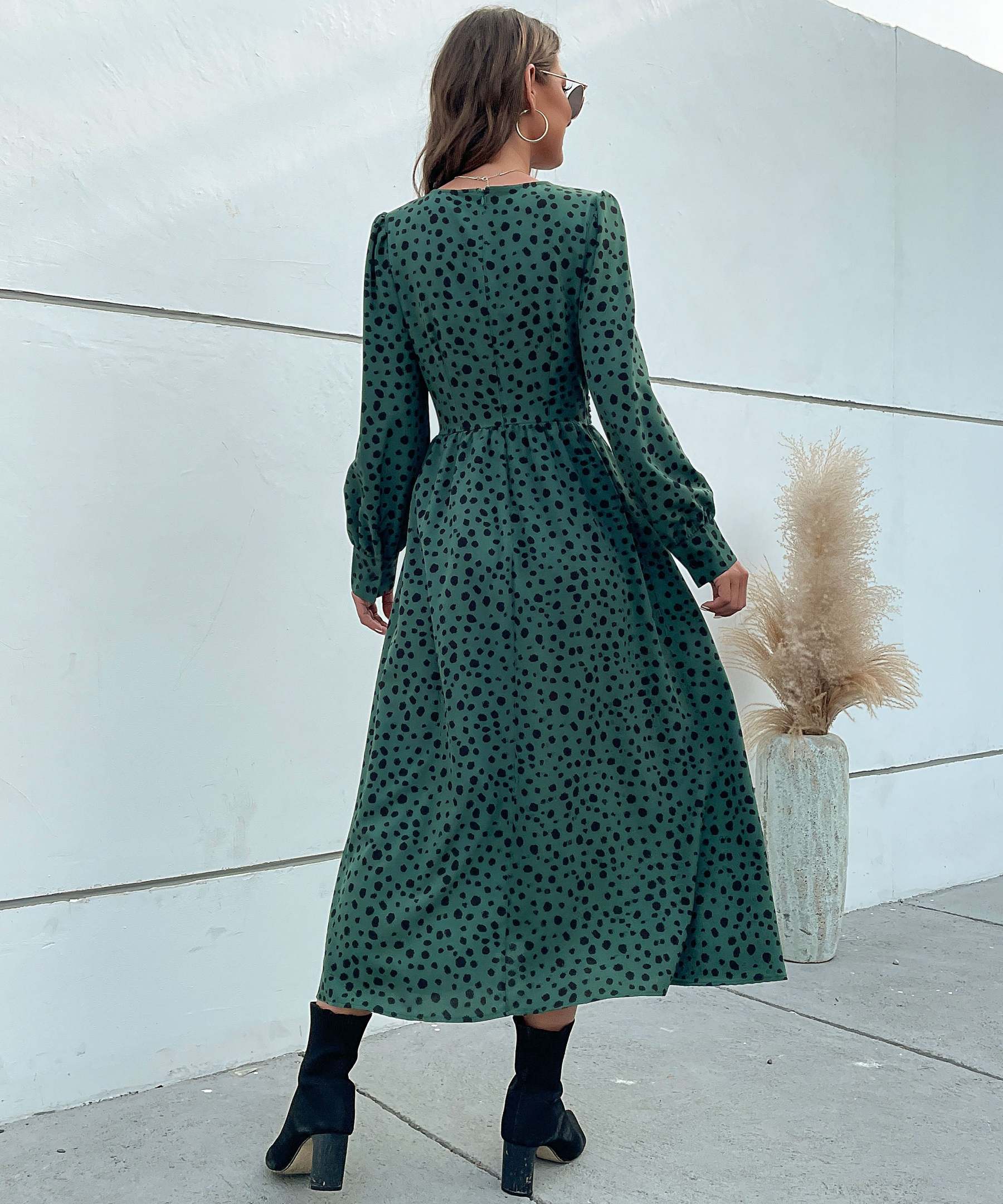 Dalmatian Print Lantern Sleeve Twist Front A-line Midi Dress