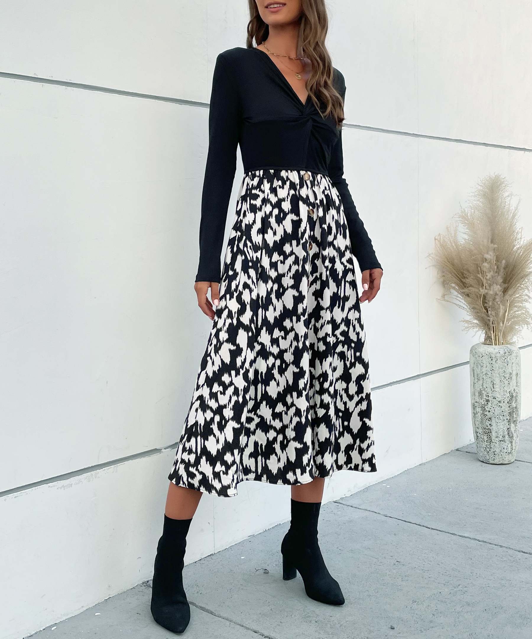 Leopard Print Tie Front Fitted Midi Dress