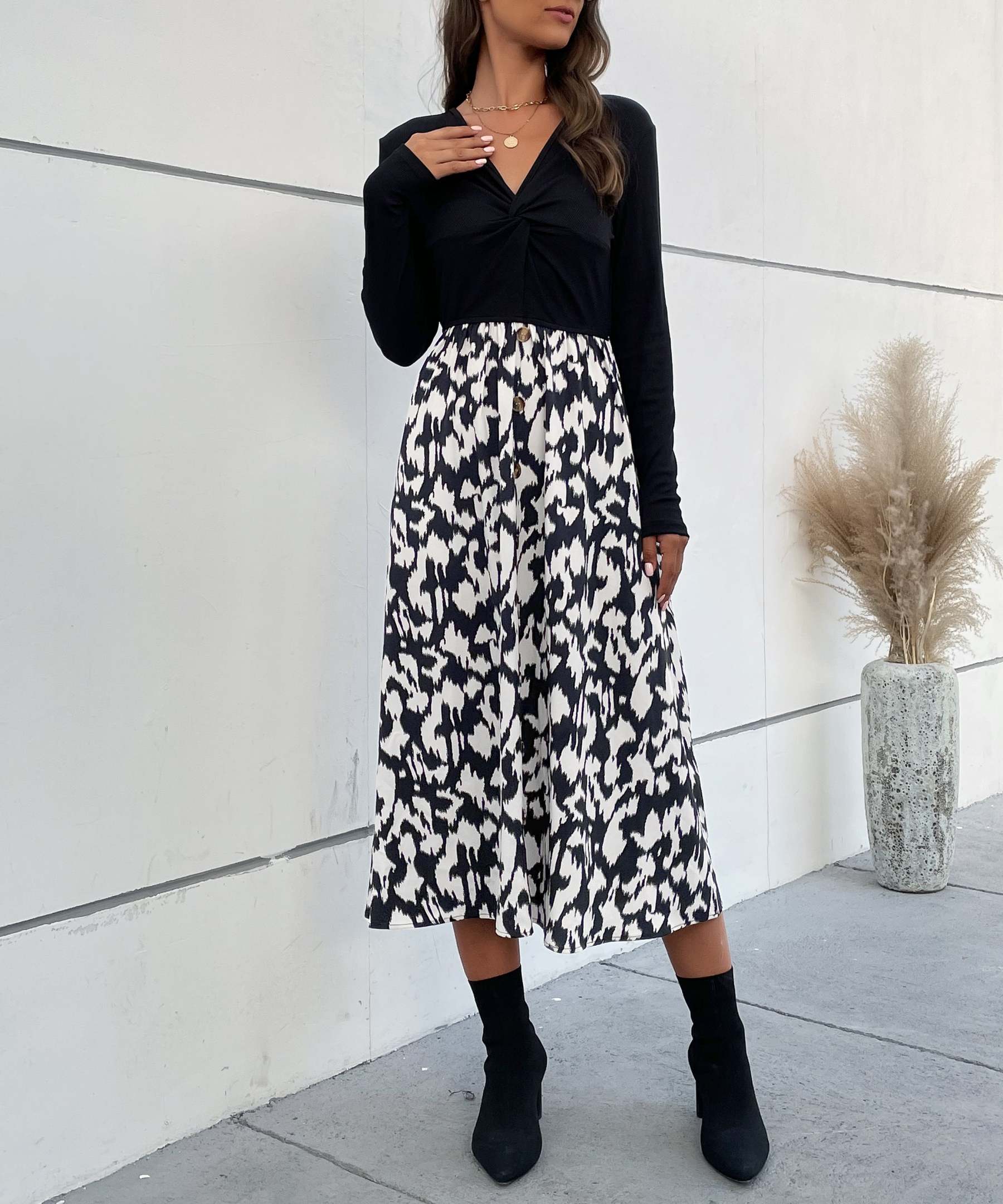 Leopard Print Tie Front Fitted Midi Dress