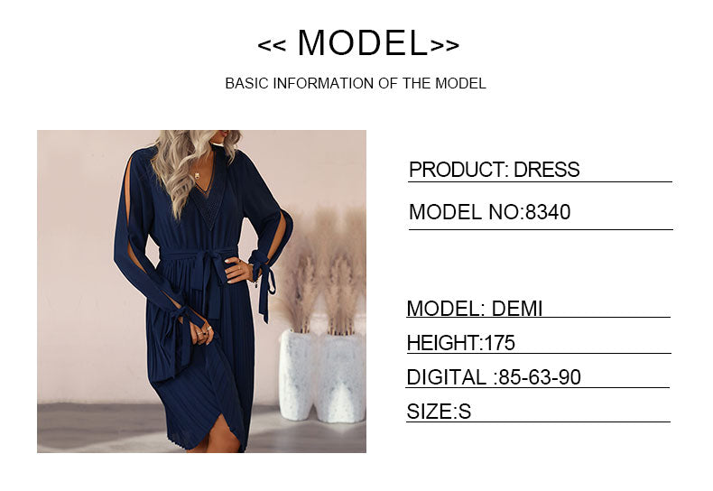 Guipure Lace Panel Split Sleeve Pleated Hemm Belted Midi Dress