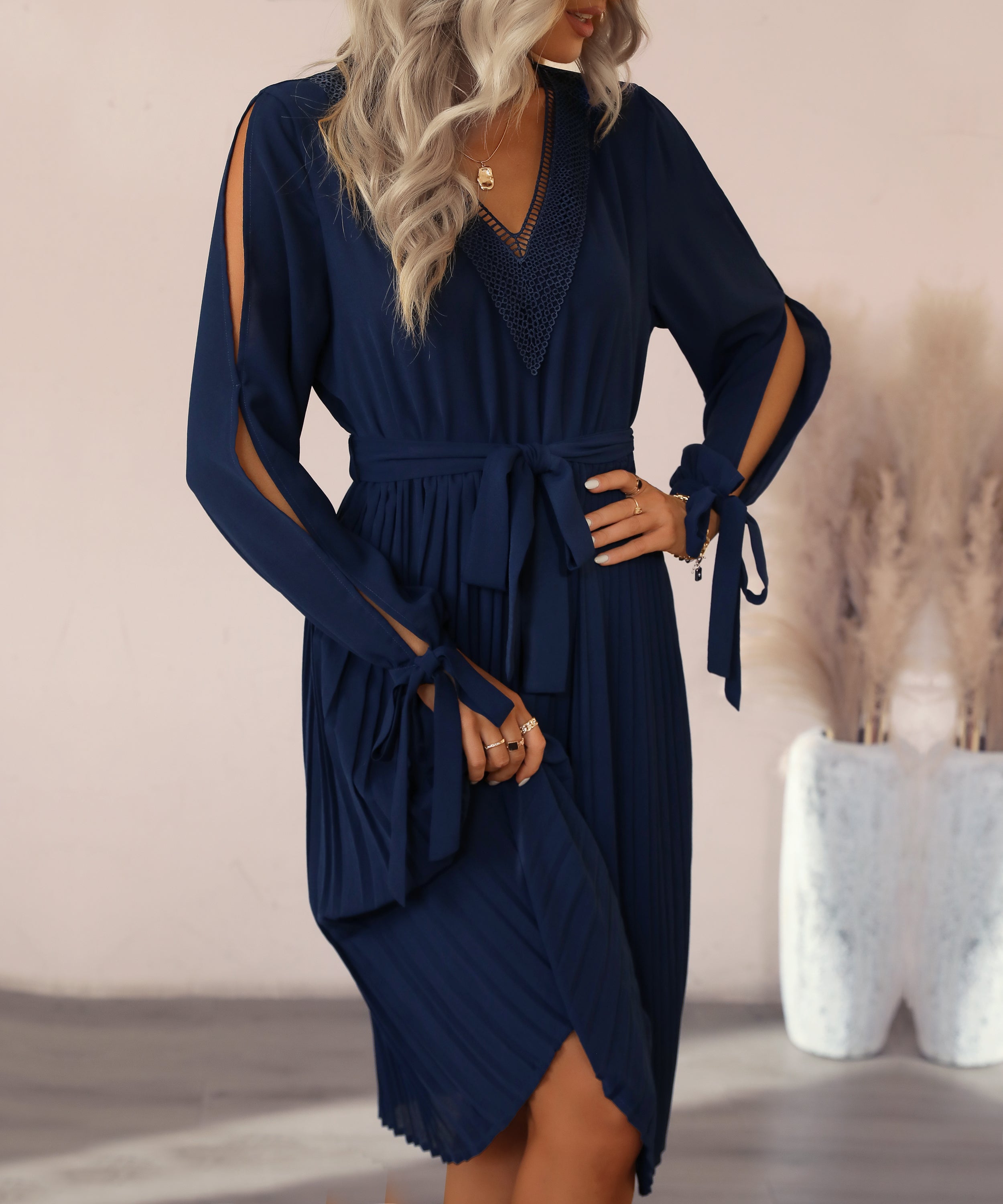 Guipure Lace Panel Split Sleeve Pleated Hemm Belted Midi Dress