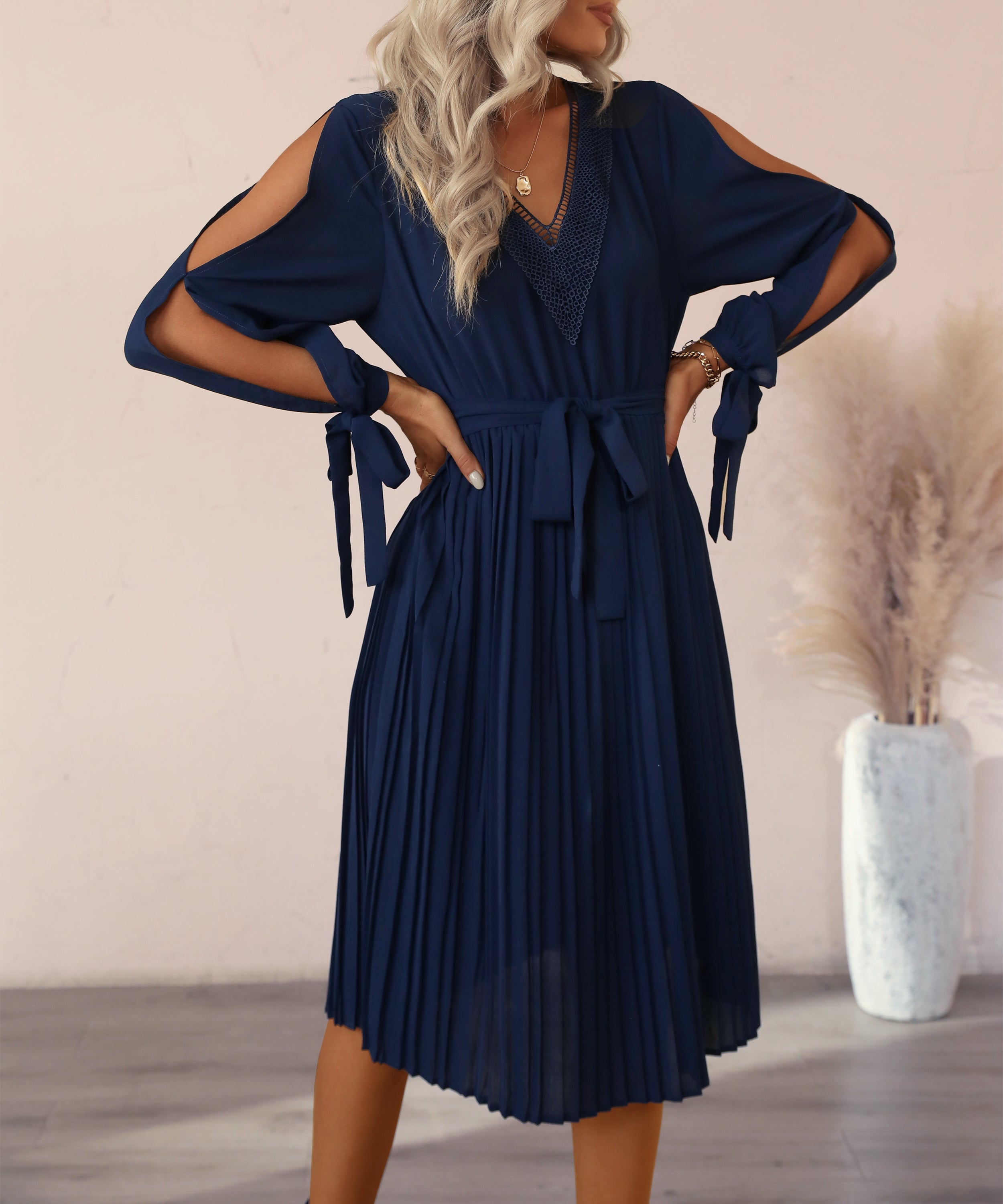 Guipure Lace Panel Split Sleeve Pleated Hemm Belted Midi Dress