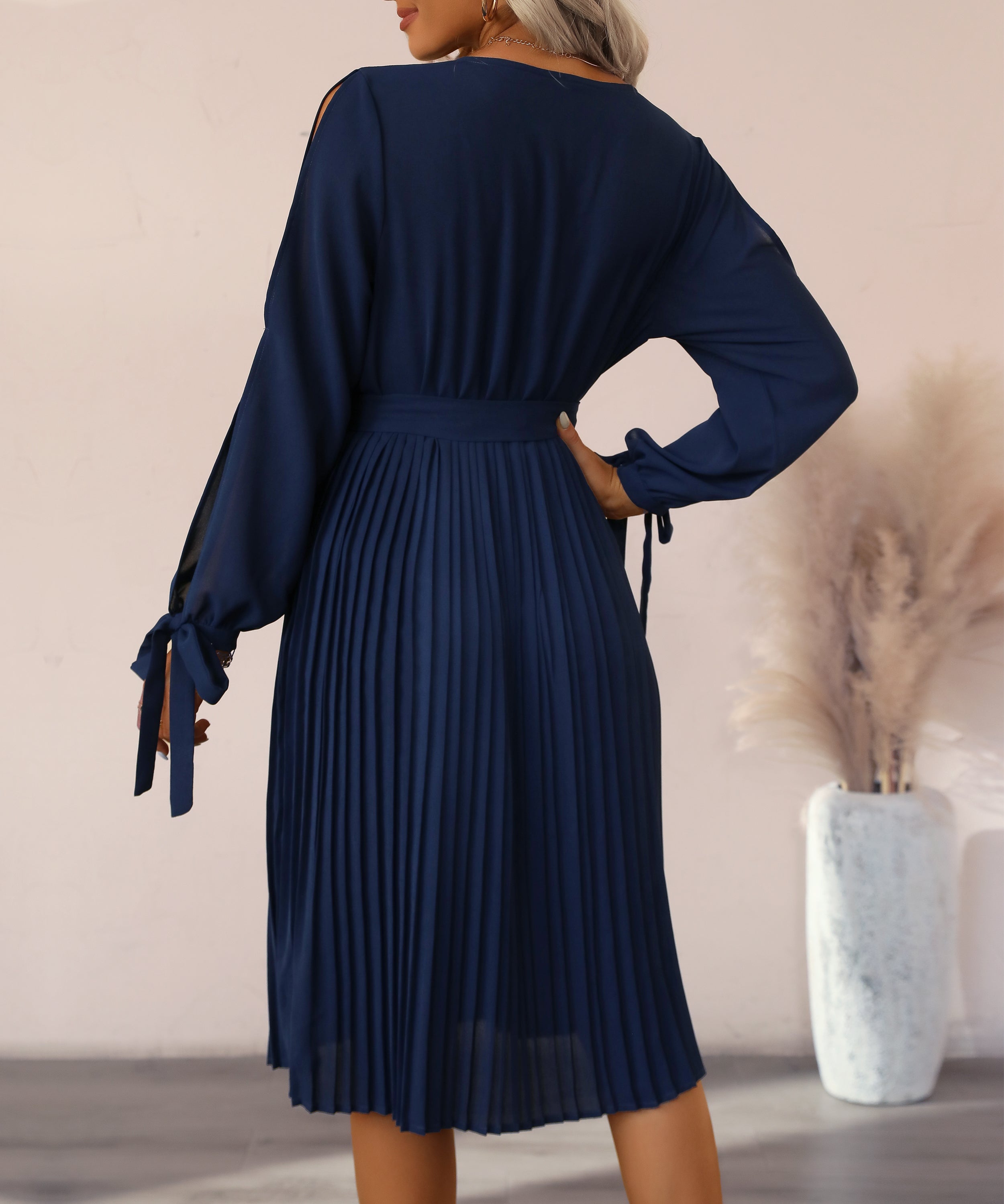 Guipure Lace Panel Split Sleeve Pleated Hemm Belted Midi Dress