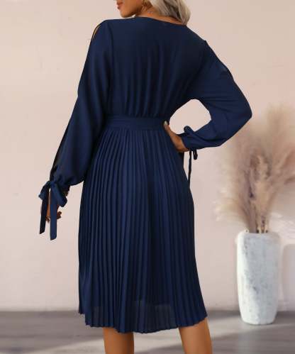 Guipure Lace Panel Split Sleeve Pleated Hemm Belted Midi Dress