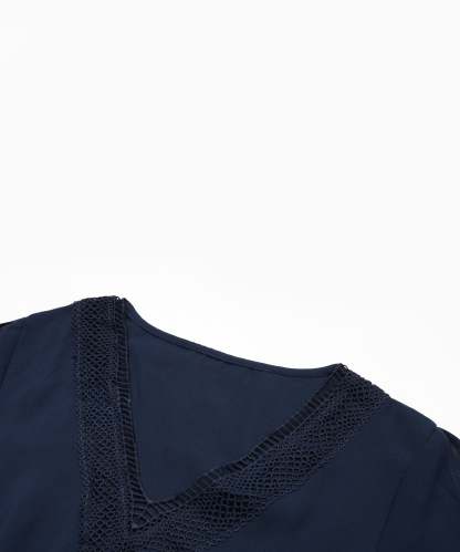 Guipure Lace Panel Split Sleeve Pleated Hemm Belted Midi Dress