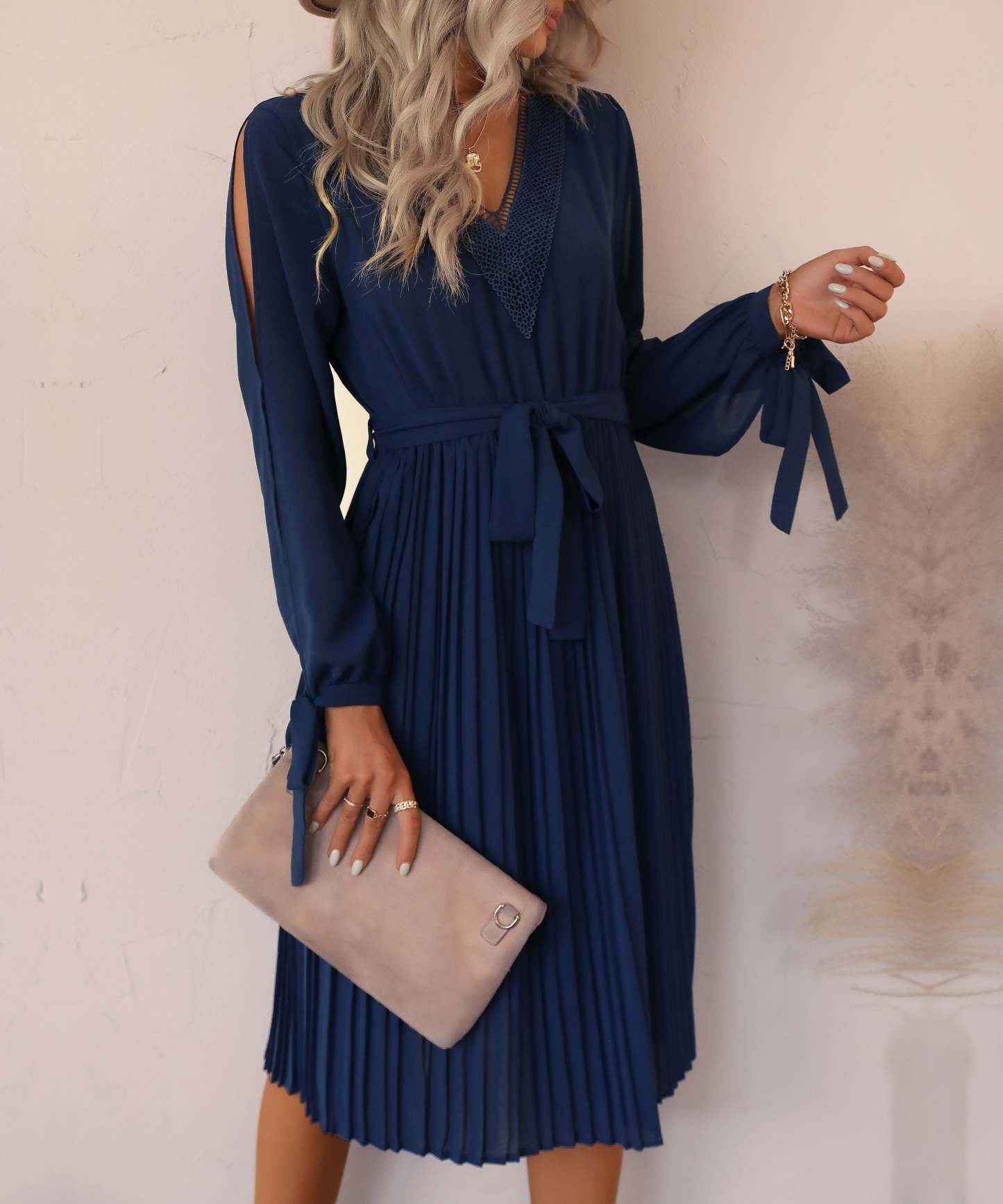 Guipure Lace Panel Split Sleeve Pleated Hemm Belted Midi Dress