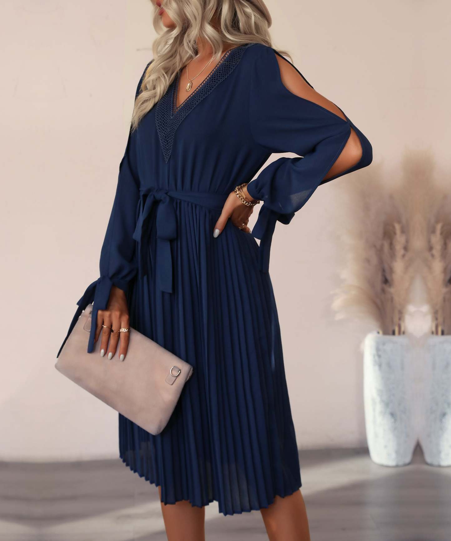 Guipure Lace Panel Split Sleeve Pleated Hemm Belted Midi Dress