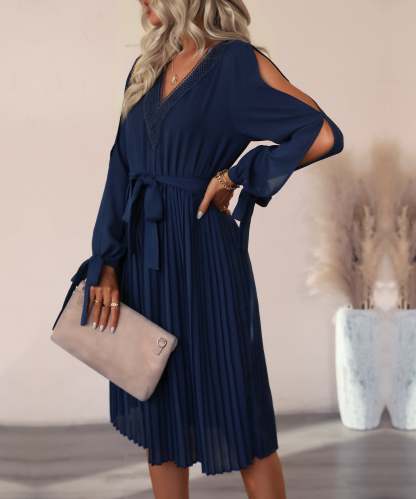 Guipure Lace Panel Split Sleeve Pleated Hemm Belted Midi Dress