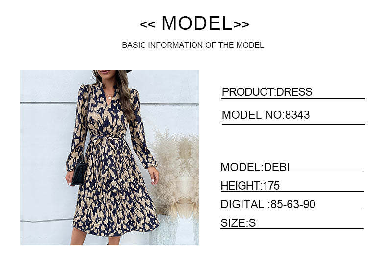 Allover Print Notched Neckline Pleated Hem Belted Midi Dress