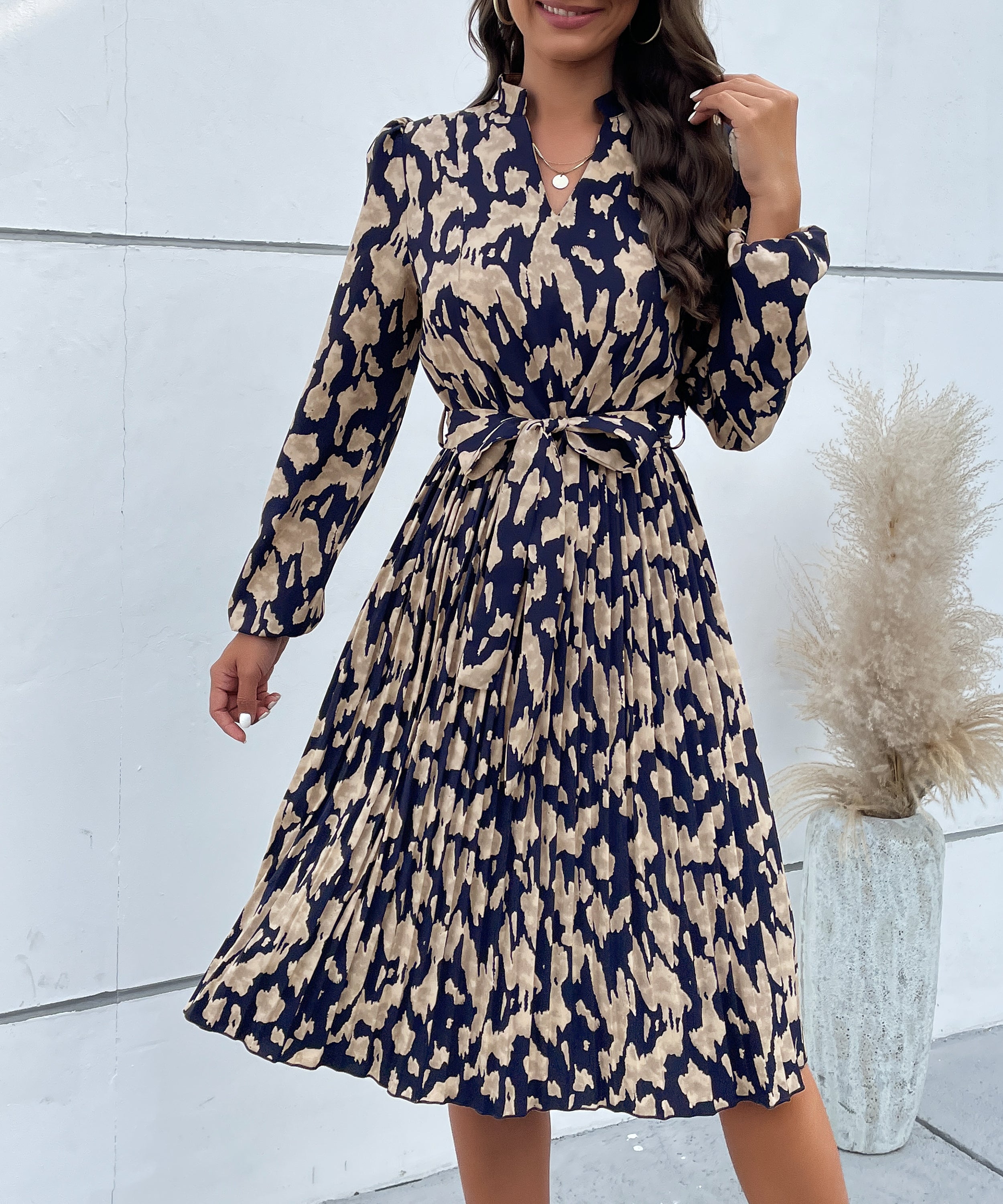 Allover Print Notched Neckline Pleated Hem Belted Midi Dress