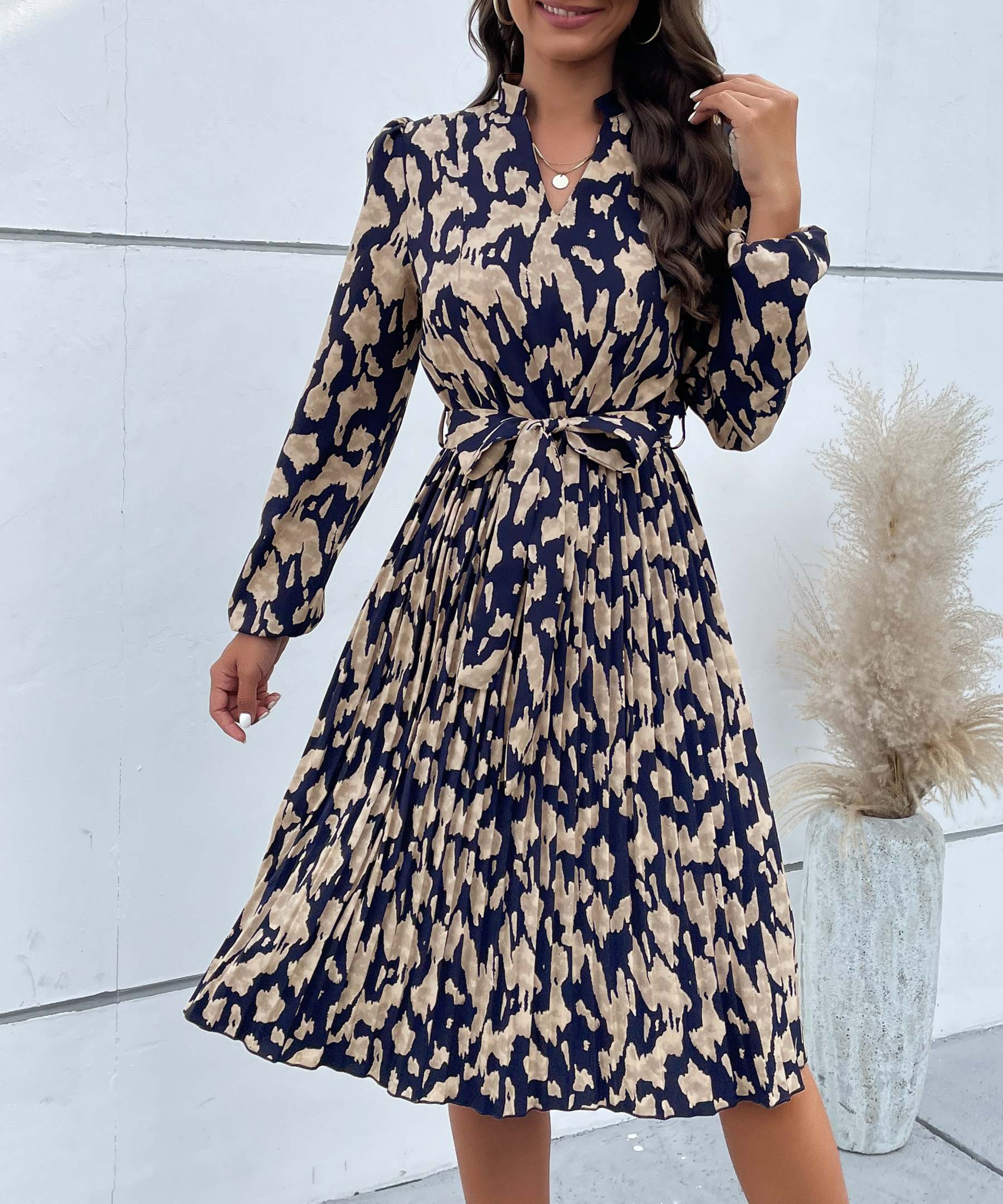 Allover Print Notched Neckline Pleated Hem Belted Midi Dress