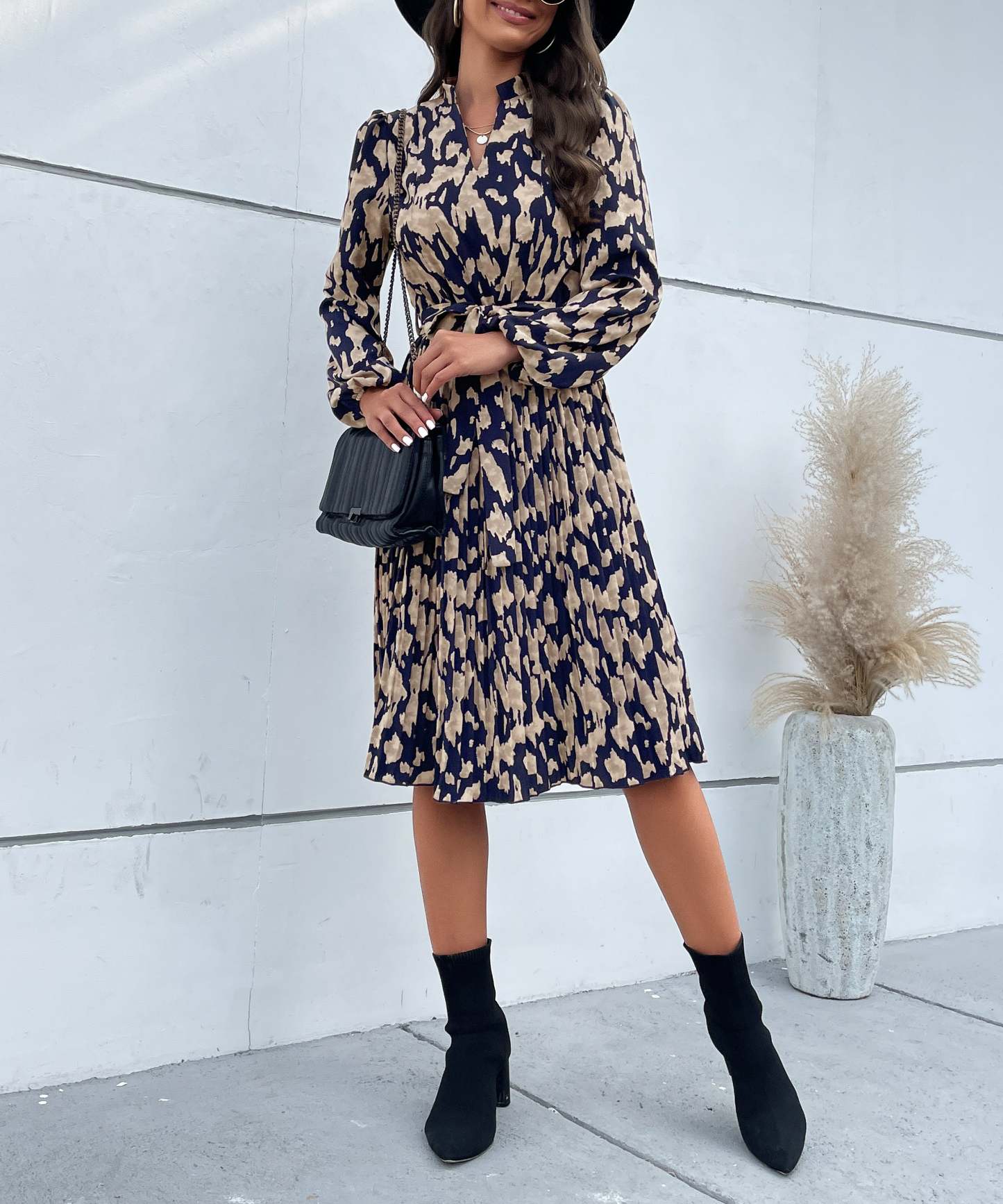 Allover Print Notched Neckline Pleated Hem Belted Midi Dress