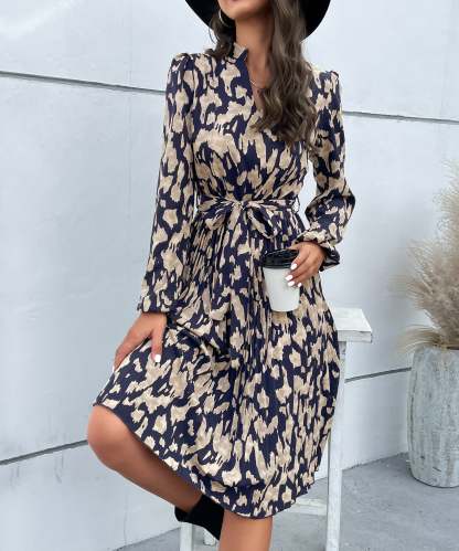 Allover Print Notched Neckline Pleated Hem Belted Midi Dress