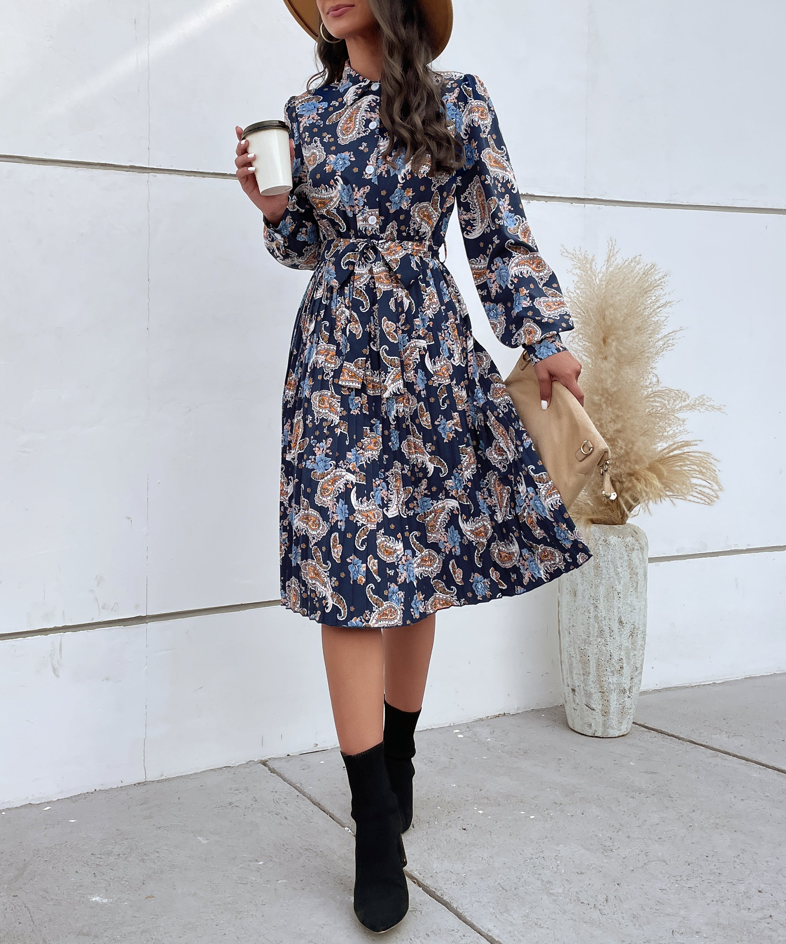Paisley Print Pleated Hem Belted Midi Dress
